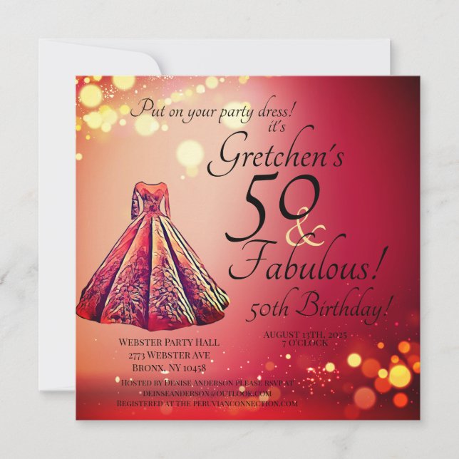 Invitation Red Gold Sparkle Fifty 50 & Fabuleux 50e anniversa (Devant)