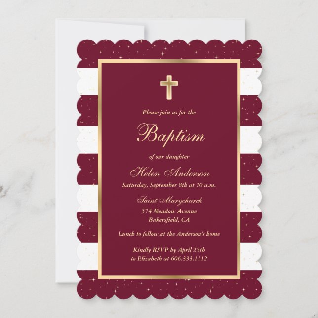 Invitation Red Gold Stars Striped Girl Baptism (Devant)