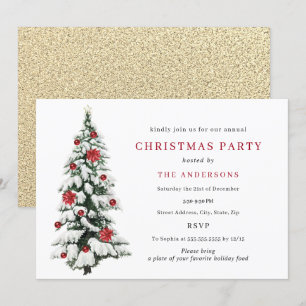 Invitation Red Gold Traditional Tree Christmas Party Invitat