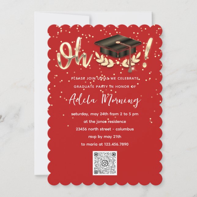 Invitation Red Golden Confetti Graduate Party QR Code (Devant)