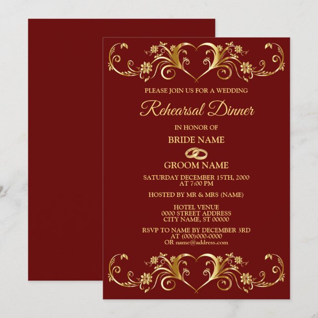 Invitation Red Golden Geometric Wedding Rehearsal Dinner (Devant / Derrière)