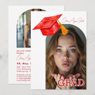 Invitation Red Graduation Hat Accent Dual‑Photo QR Code