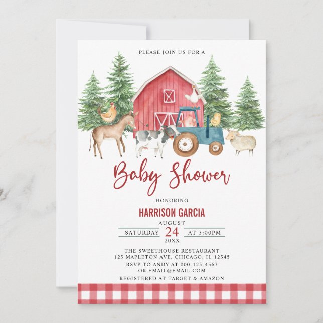 Invitation Red Green Barnyard Farm Animaux Baby shower (Devant)