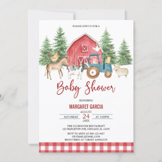 Invitation Red Green Barnyard Farm Animaux Baby shower