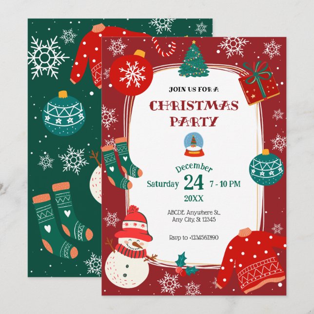 Invitation Red Green Christmas merveilleuse fête (Devant / Derrière)