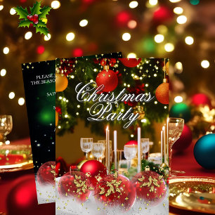 Invitation Red Green Gold Holly Baubles Noël