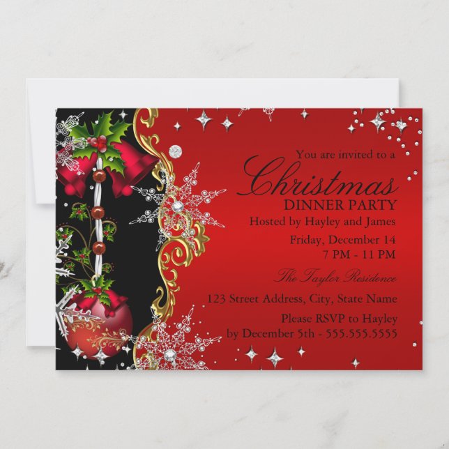 Invitation Red green Gold Snowflop Noël Dîner de Noël 5 (Devant)
