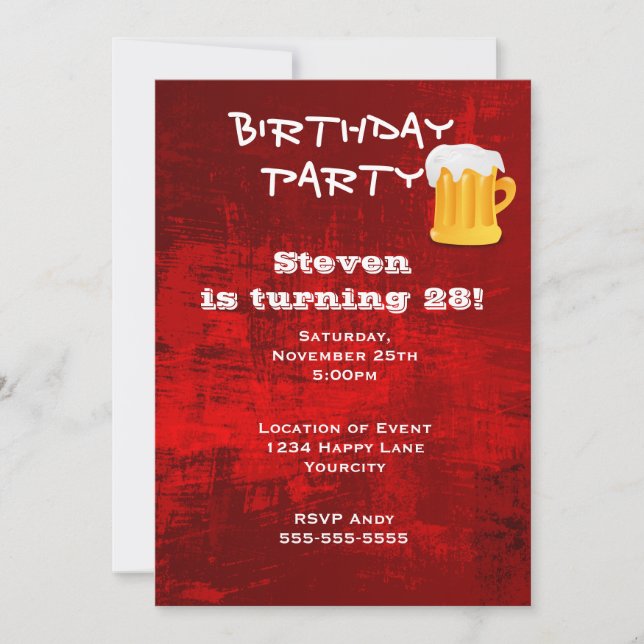 Invitation Red Grunge fête d'anniversaire Abstraite avec Beer (Devant)