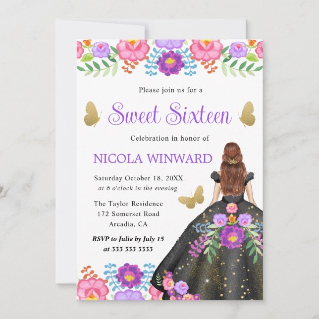Invitation Red Hair Princess Mexicaine Floral Robe Sweet 16 (Devant)