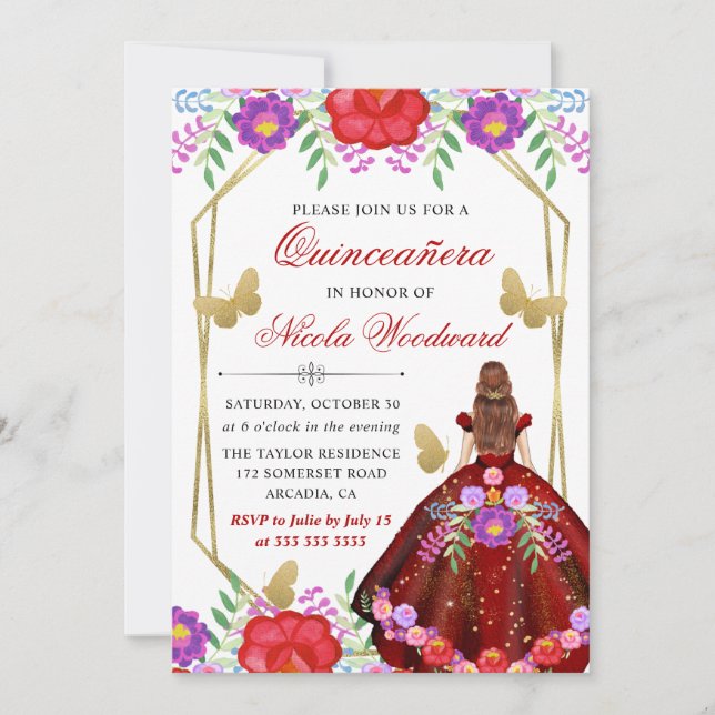 Invitation Red Haired en robe florale mexicaine Quinceañera (Devant)
