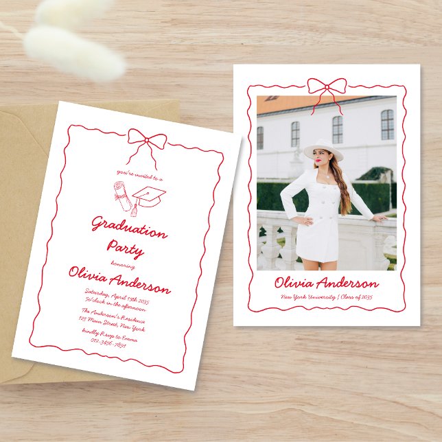 Invitation Red Hand Drawn Bow Squiggle Photo Graduation Party (Créateur téléchargé)