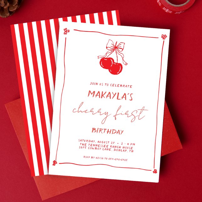 Invitation Red Hand Drawn Cherry First 1st Birthday (Créateur téléchargé)