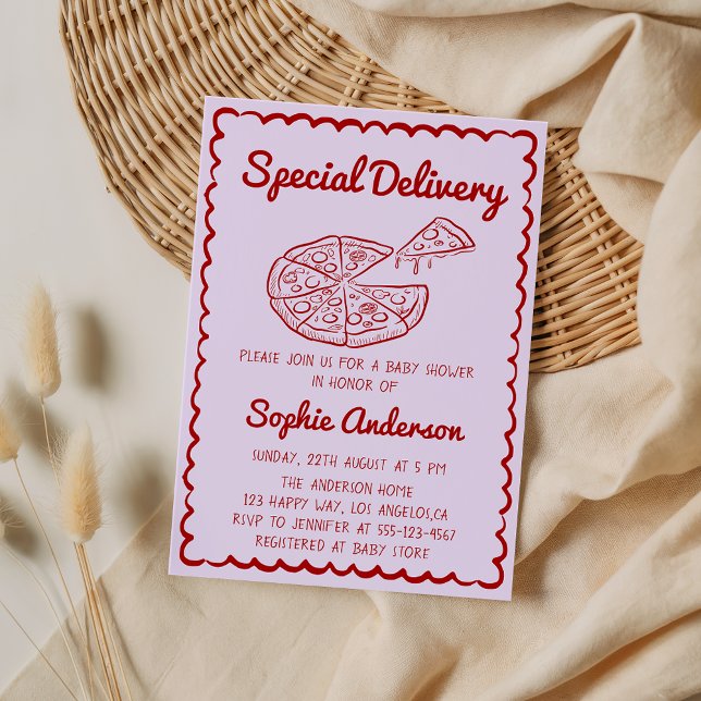 Invitation Red Hand Drawn Special Delivery Pizza Baby Shower (Créateur téléchargé)
