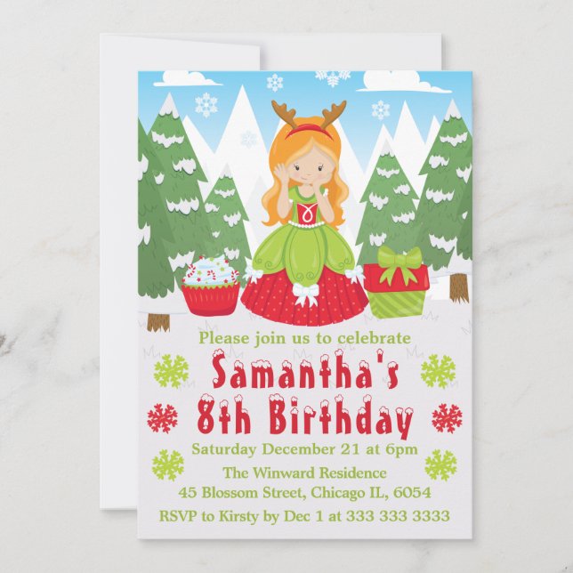 Invitation Red Head Christmas Princess Winter Scene Anniversa (Devant)