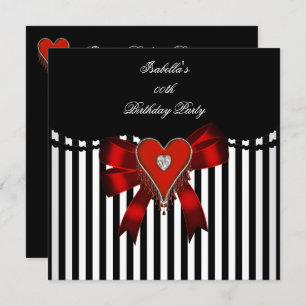 Invitation Red Heart Black White Stripe Bow fête d'anniversai