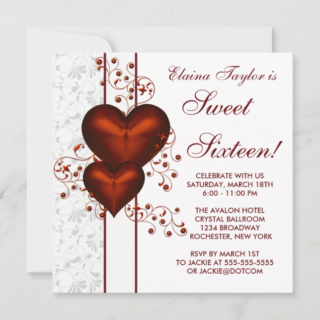 Invitation Red Heart Damask Sweet 16 Anniversaire (Devant)
