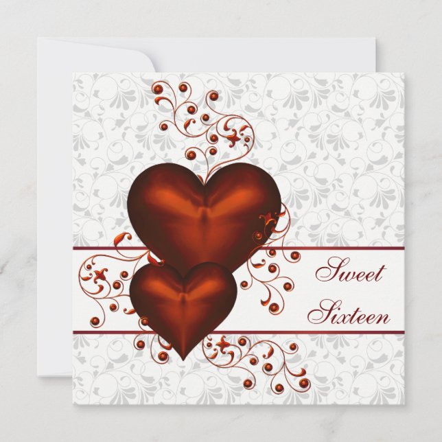 Invitation Red Heart Damask Sweet sixteen blanc (Devant)