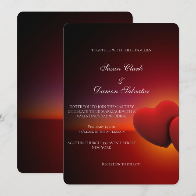 Invitation Red Heart Elegant Valentine's Wedding Day (Devant / Derrière)
