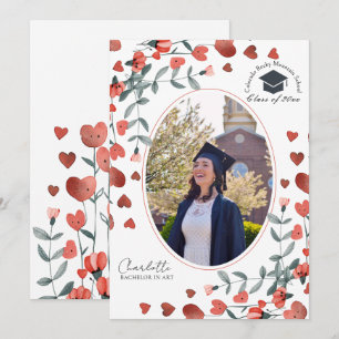 Invitation Red Heart Floral Photo Graduation Annonces