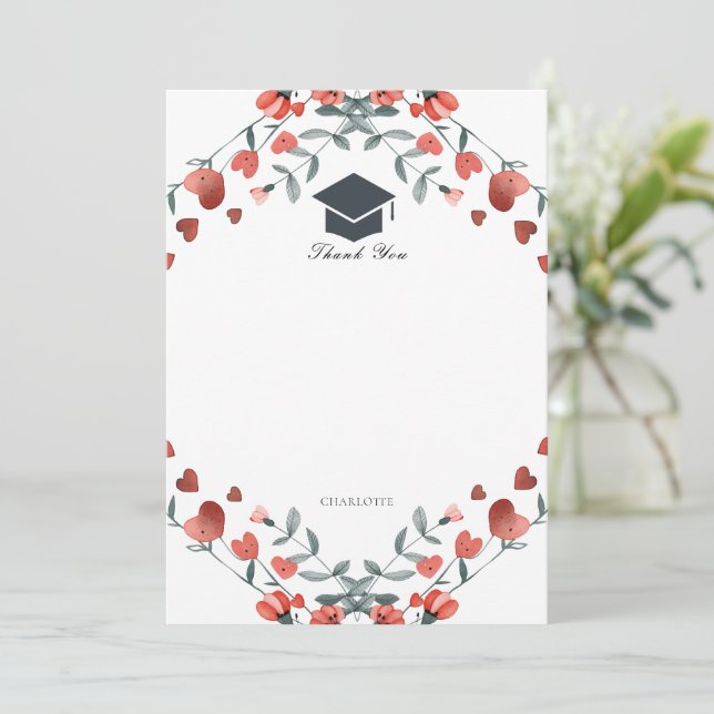 Invitation Red Heart Floral Photo Graduation Merci (Debout devant)