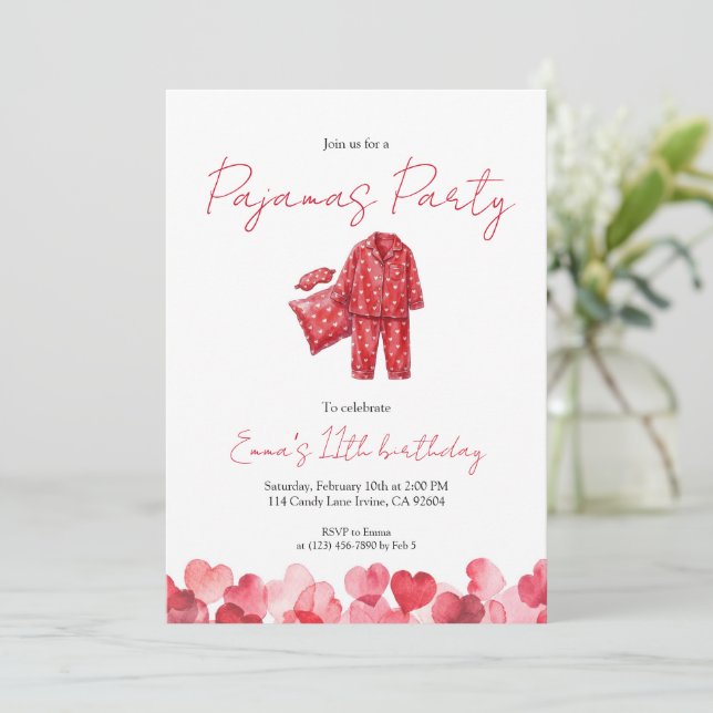 Invitation Red Heart Pajamas Sleepover Birthday (Debout devant)