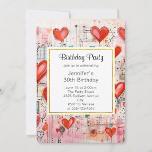 Invitation Red Hearts Whimsical Love Motif Anniversaire