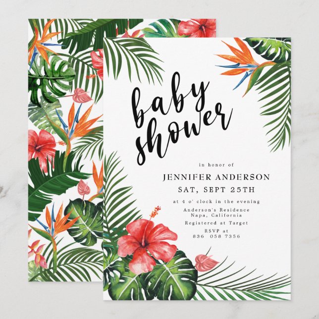 Invitation Red Hibiscus Palm Feuille Baby shower tropical (Devant / Derrière)