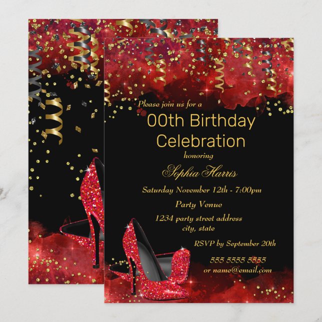 Invitation Red High Heels Gold Black parties scintillant fête (Devant / Derrière)