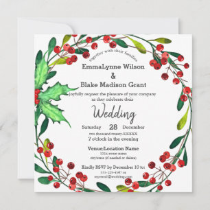 Invitation Red Holly Berries Green Wreath White Mariage