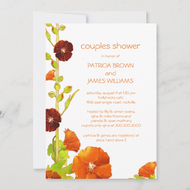 Invitation Red Hollyhocks Floral Mariage Couples Douche (Devant)