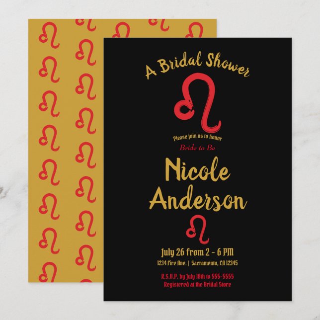Invitation Red LEO Zodiac Astrologie Juillet Août Fête des ma (Devant / Derrière)