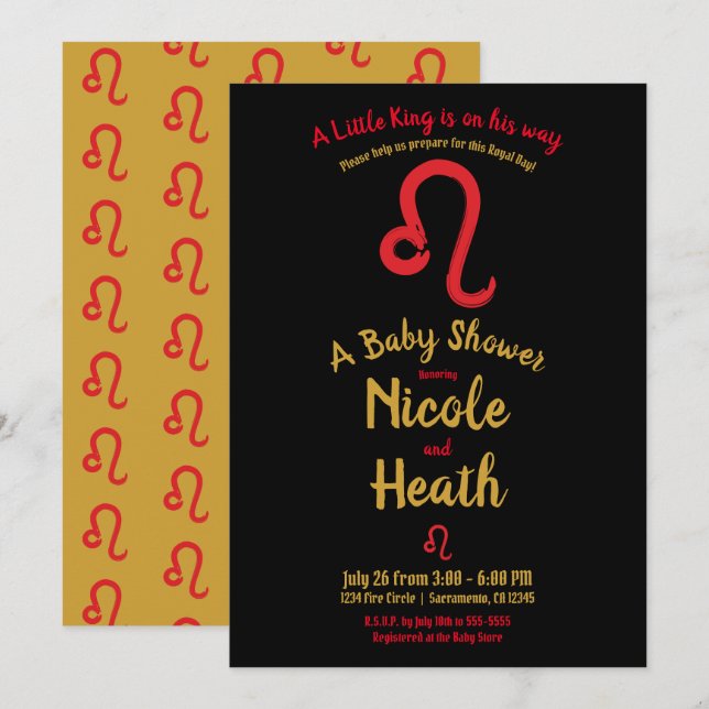 Invitation Red LEO Zodiac Juillet Août Baby shower d'astrolog (Devant / Derrière)