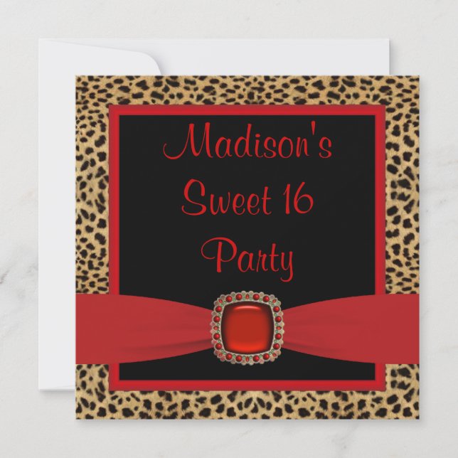 Invitation Red Leopard Sweet 16 Anniversaire (Devant)