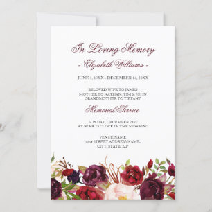 Invitation Red Marsala Burgundy Floral Memorial Service