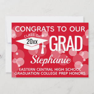 Invitation Red Modern Confetti Bokeh Bubbles Graduation