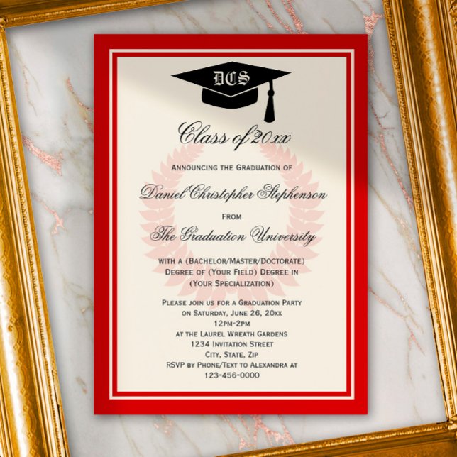 Invitation Red Monogram Laurel Classic College Graduation (Créateur téléchargé)