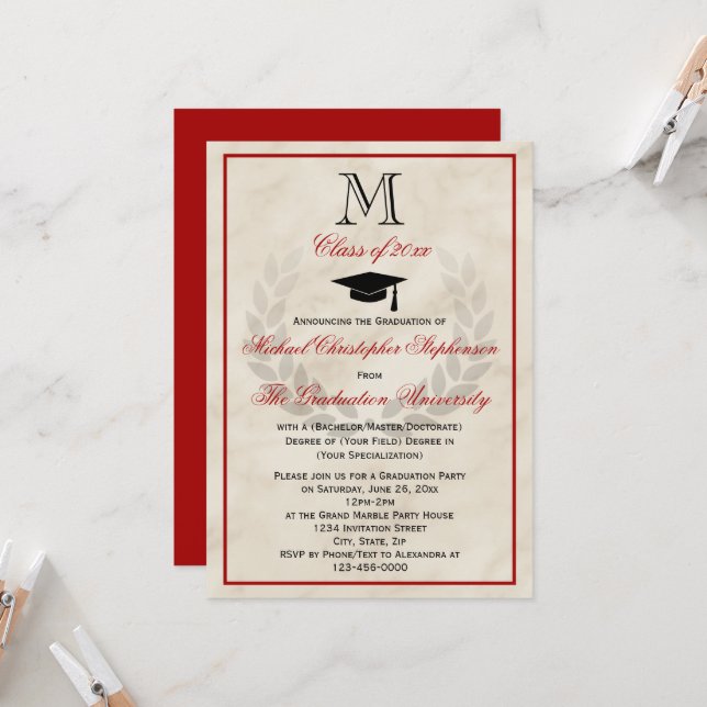 Invitation Red Monogram Wreath Classic College (Devant/Arrière en situation)