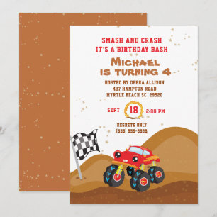 Invitation Red Monster Truck 4th Birthday Racing