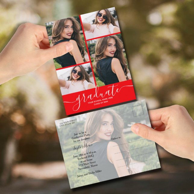 Invitation Red Multi Photo Graduation Party (Red graduation party invitation postcards feature your favorite photos and details on the back.)