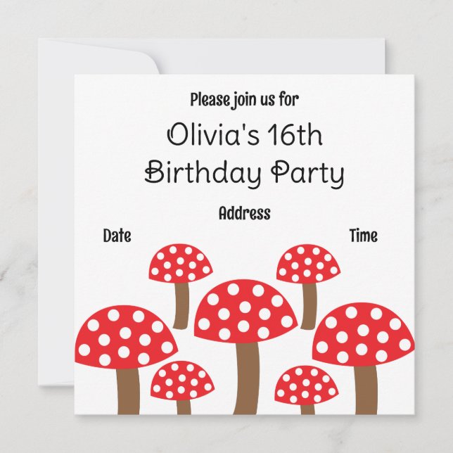 Invitation Red Mushroom mignon Motif botanique fête d'anniver (Devant)
