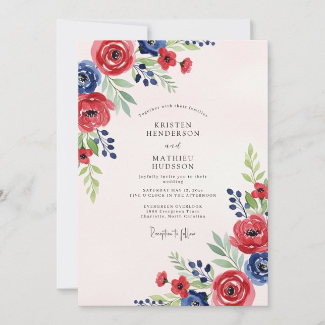 Invitation Red Navy Blue Watercolor Summer Wedding (Devant)