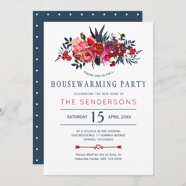 Invitation Red navy boho rustique fête de chauffage floral (Devant / Derrière)