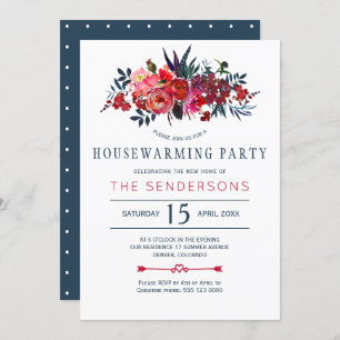 Invitation Red navy boho rustique fête de chauffage floral