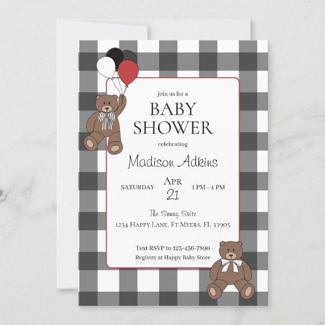 Invitation Red on Black Buffalo Check Teddy Bears Baby Shower (Devant)