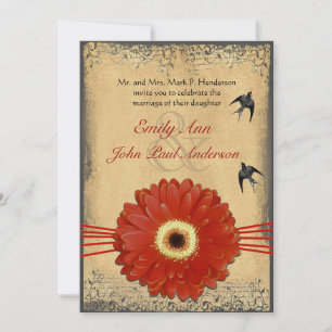 Invitation Red Orange Gerber Daisy Vintage Birds Mariage