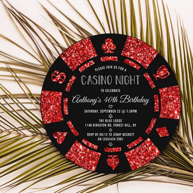 Invitation Red Parties scintillant Poker Chip Casino Soirée (Créateur téléchargé)