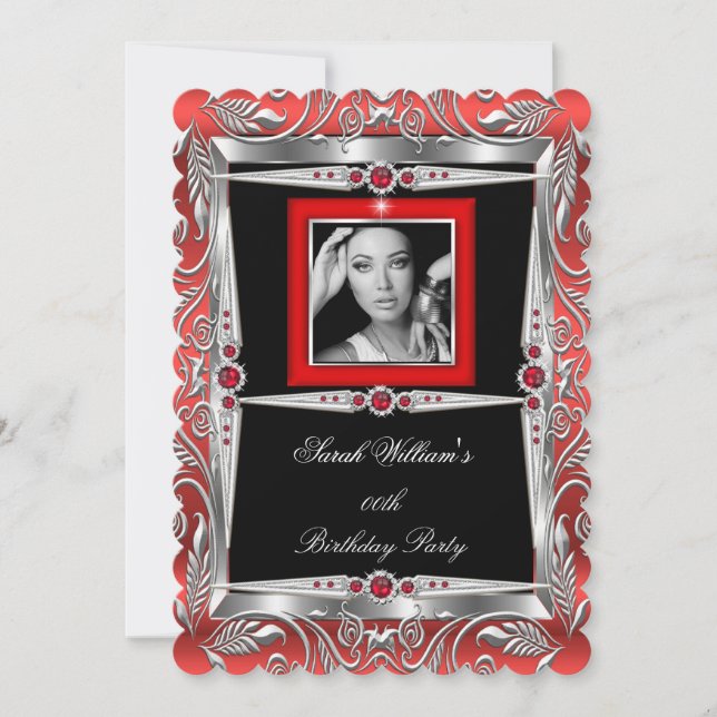 Invitation Red Pearl Fête d'anniversaire Black Silver Photo B (Devant)