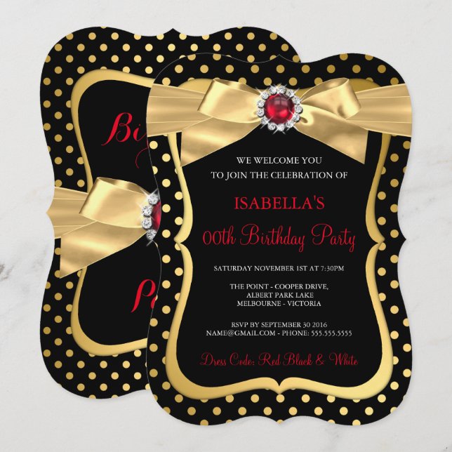 Invitation Red Pearl Gold Bow Black Polka Dot Anniversaire (Devant / Derrière)