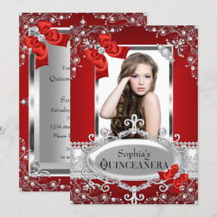 Invitation Red Pearl & Silk Bow Glamor Quinceanera