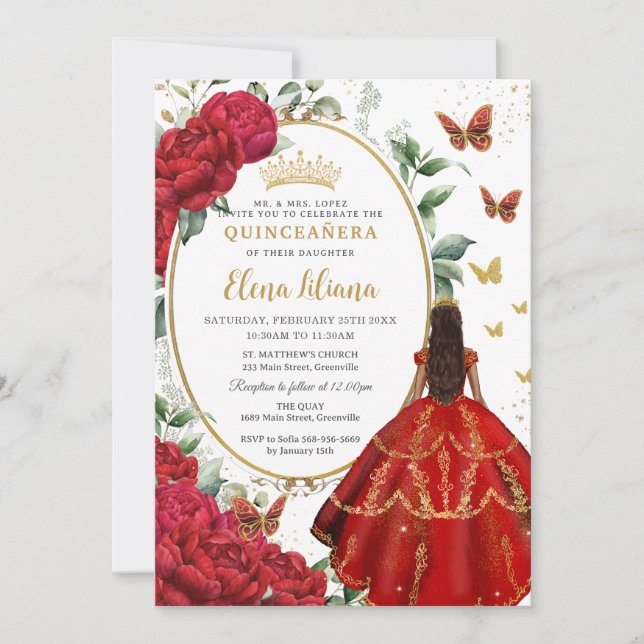 Invitation Red Peony Floral Brown princesse robe Quinceañera (Devant)